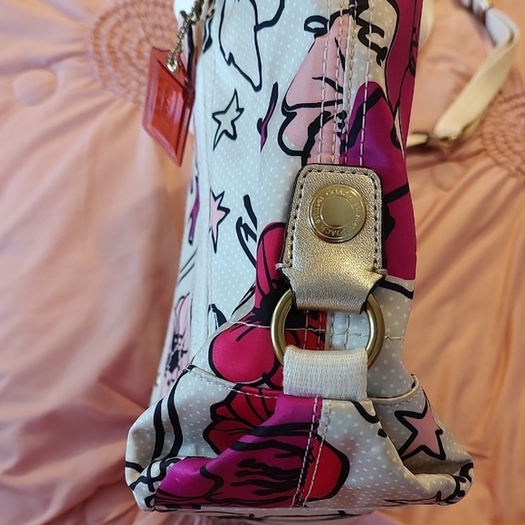 Coach Canvas Floral Crossbody Tote Bag Red and Pink - Picture 5 of 9